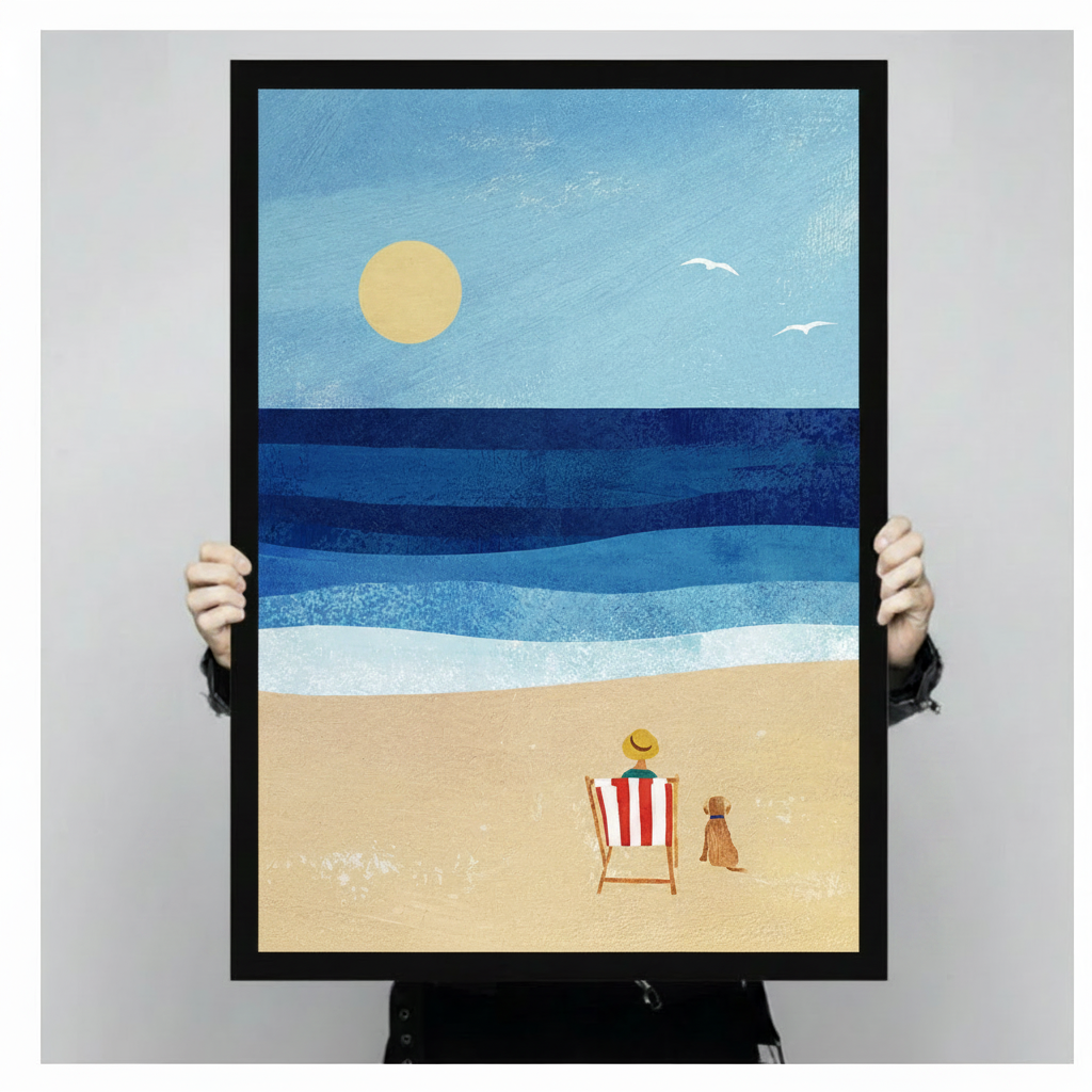 Hands holding framed person in yellow straw hat on red white striped beach chair beside brown dog facing blue ocean textured oil painting – golden sun seagulls coastal canvas wall art size reference display