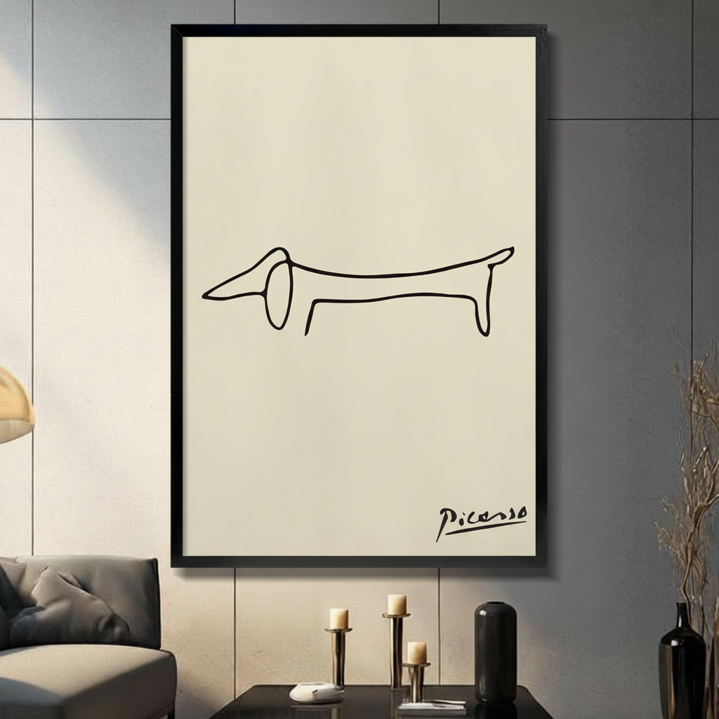 Picasso minimalist dachshund line art black float frame canvas on cream background displayed on dark gray paneled wall above a modern console table with brass candlestick holders and black ceramic vase