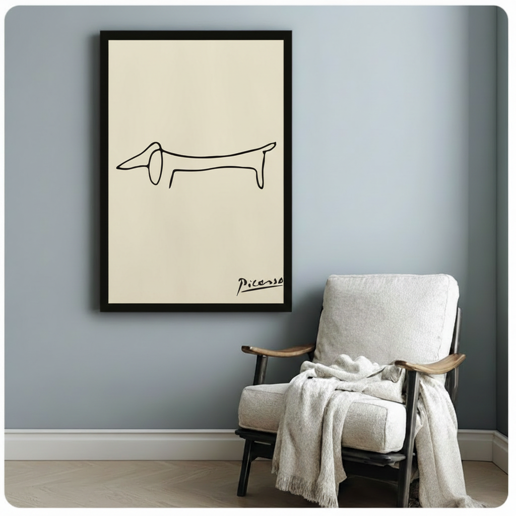 Picasso minimalist one-line dachshund drawing with handwritten signature gallery wrap canvas art on cream background on a dark gray paneled wall above a charcoal sofa with candle holders and a black vase