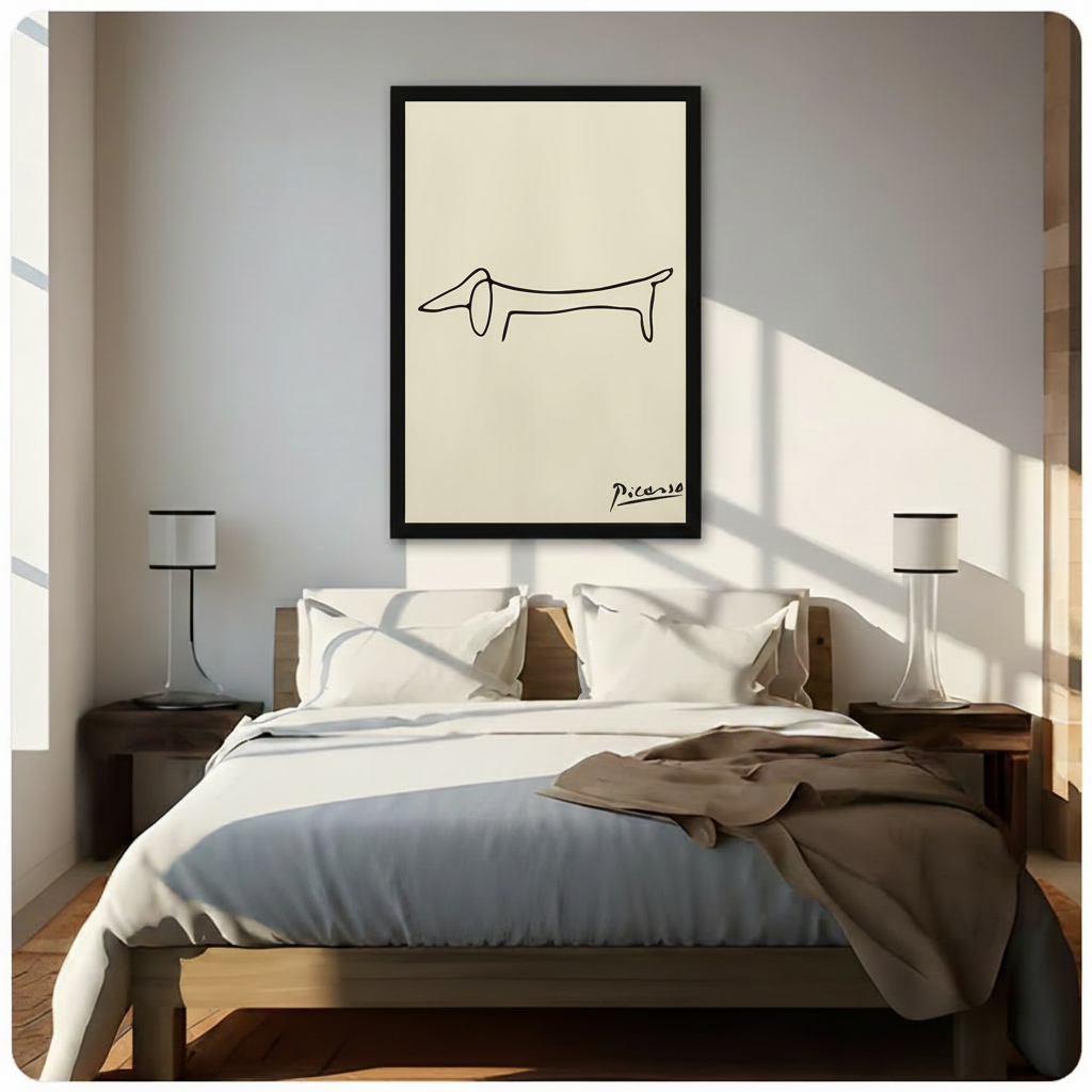 Black framed Picasso-style minimalist single-line dachshund canvas art on cream background above a bed with white linen bedding, a taupe throw blanket, dark wood nightstands, and white cylindrical table lamps in a sunlit modern bedroom