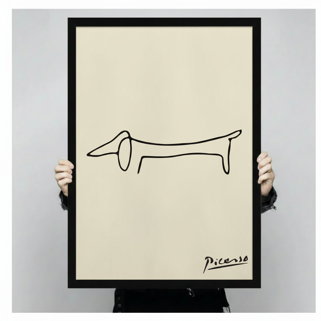 Person holding a black framed Picasso minimalist one-line dachshund sketch art print with handwritten signature on cream background against a light gray backdrop