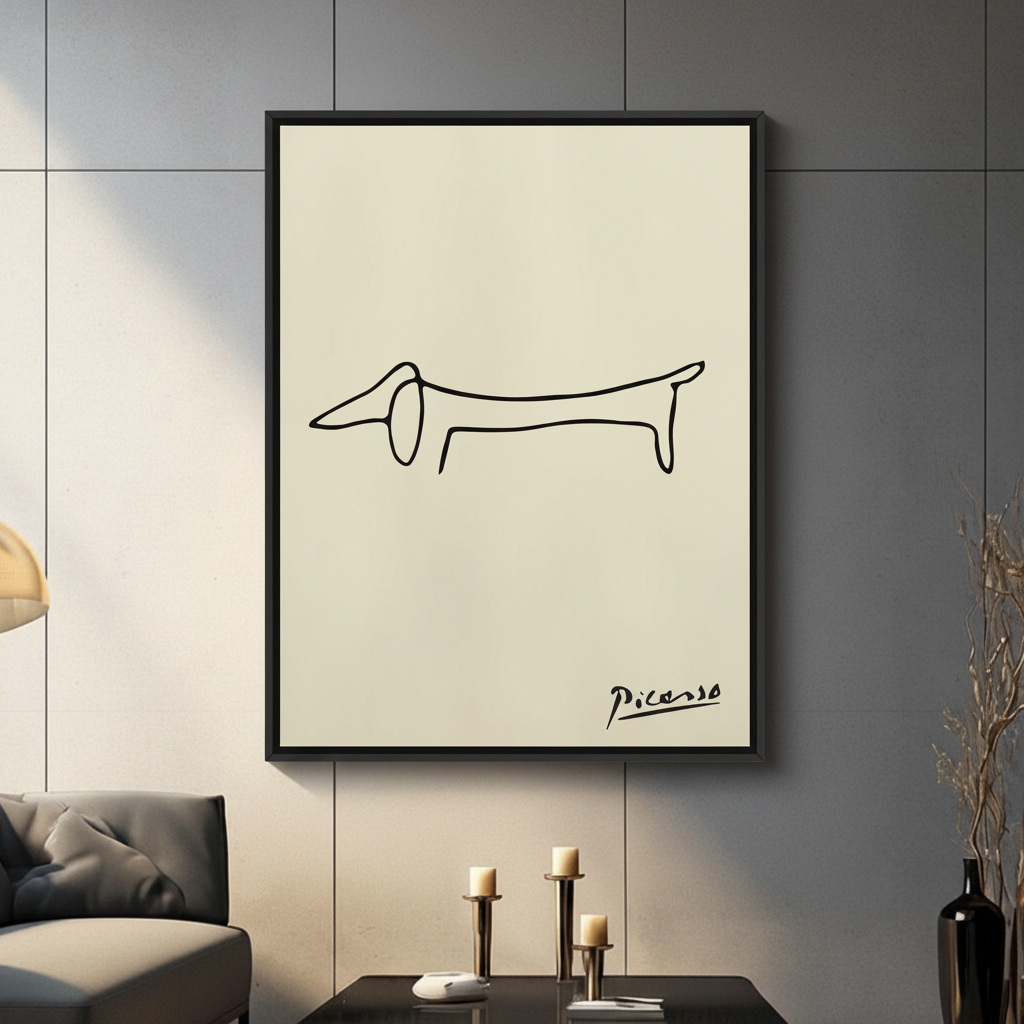 Picasso-style minimalist single-line dachshund sketch black framed canvas art on cream background on a dark gray paneled wall above a charcoal sofa with pillar candle holders and a black decorative vase