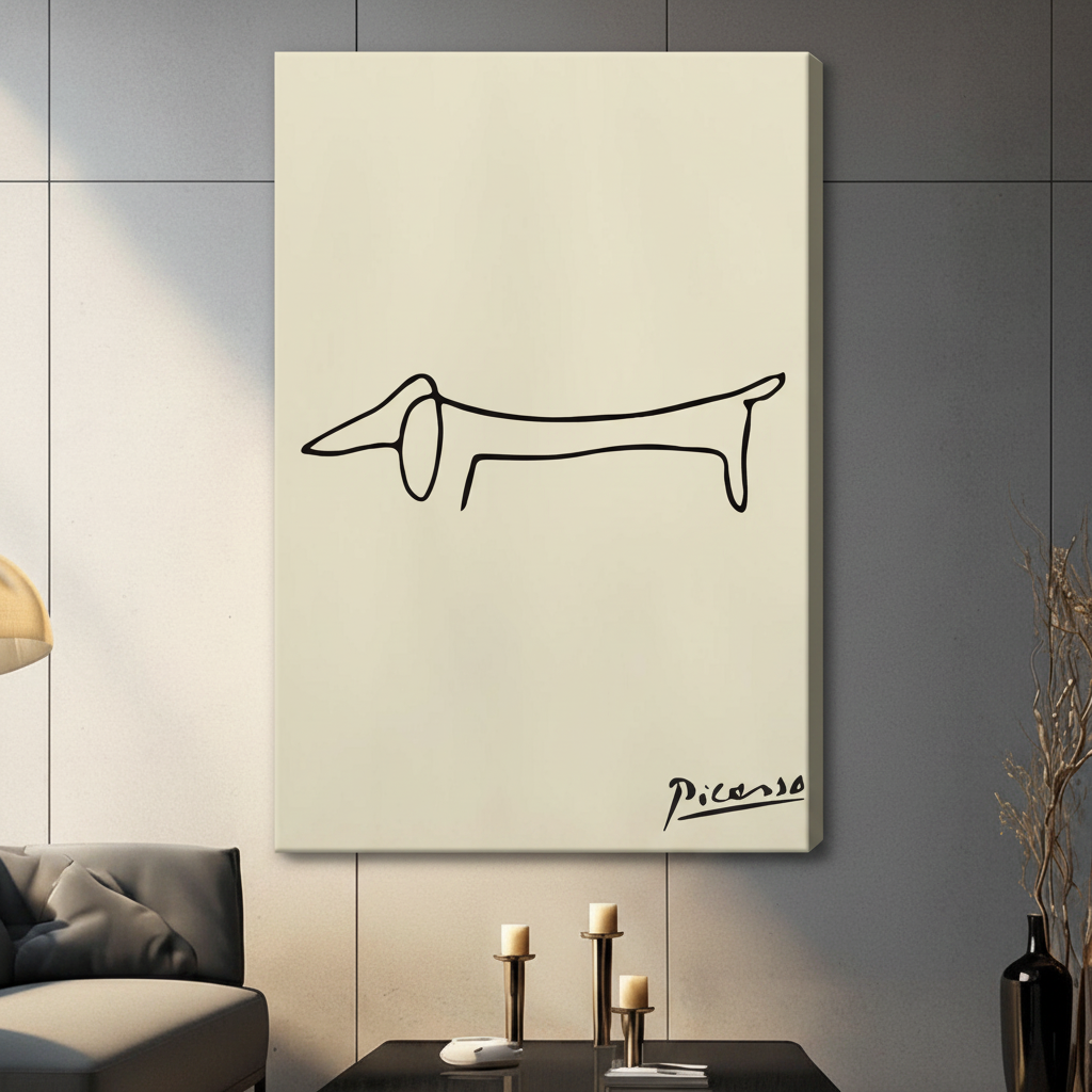 Picasso-inspired minimalist continuous line dachshund silhouette with handwritten signature gallery wrap canvas art on warm cream background displayed on a dark gray paneled wall above a charcoal sofa with brass candle holders