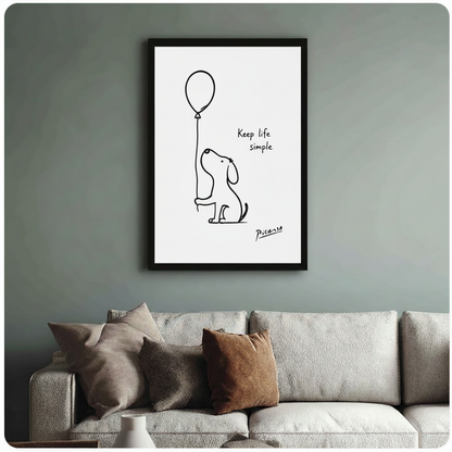 Picasso line drawing dog and balloon framed print above cream sofa on sage green wall – simple dog quote wall art
