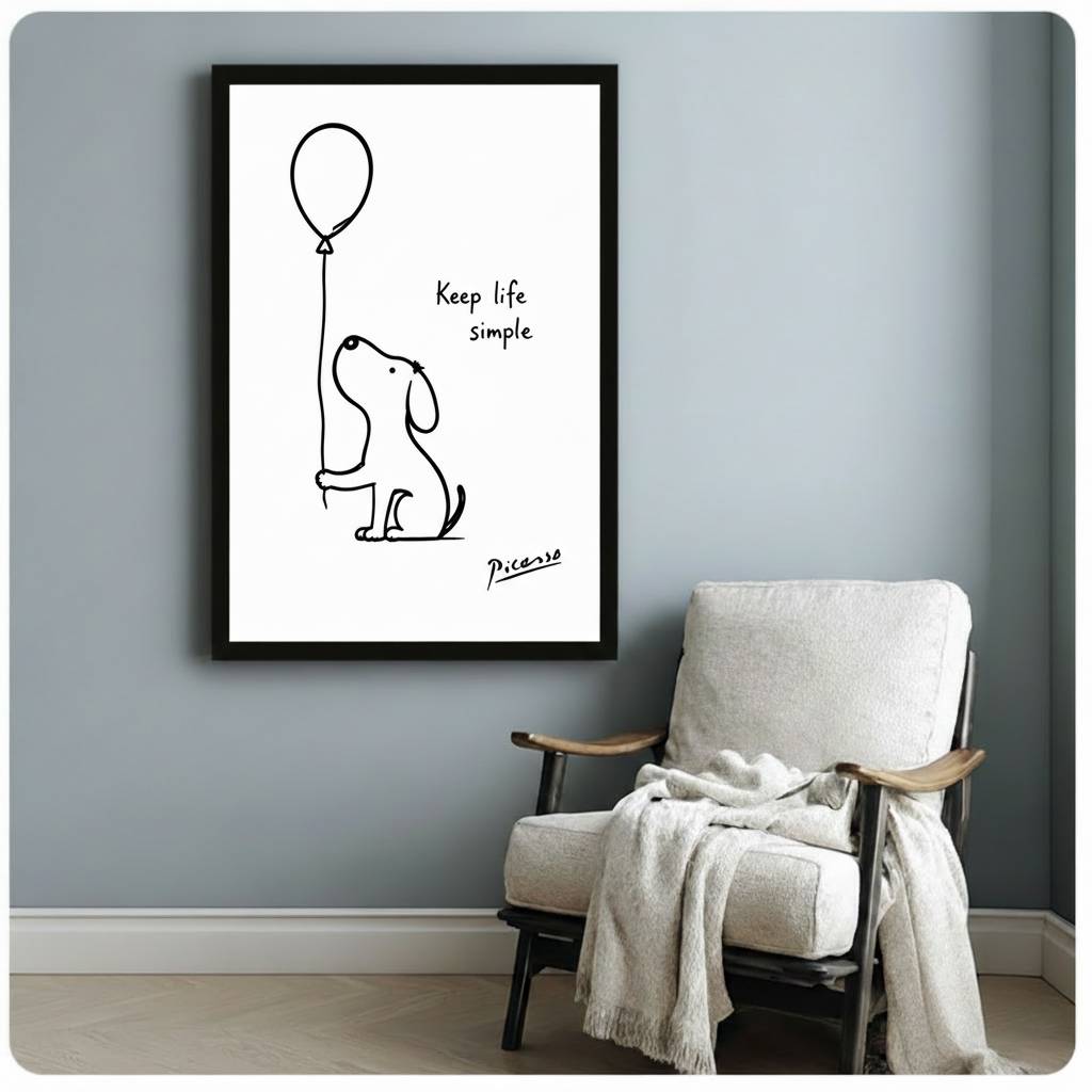 Black framed Picasso dog with balloon "Keep life simple" poster beside linen chair on blue-grey wall – minimalist dog wall décor