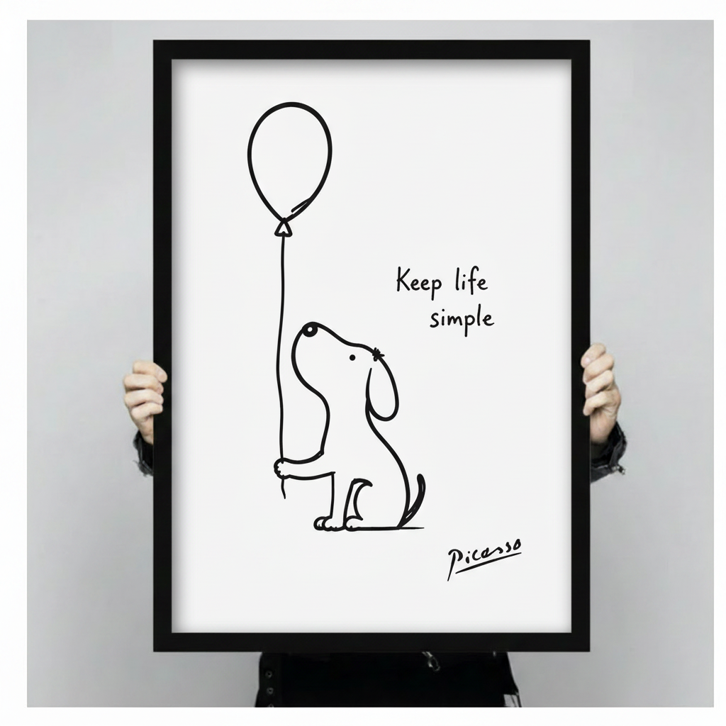Hand-held black framed Picasso line art dog holding balloon – "Keep life simple" minimalist art print size preview