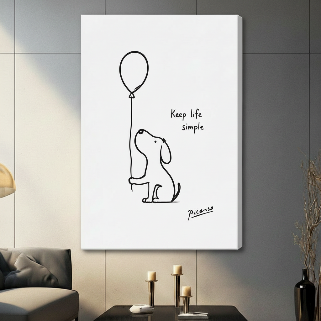 Frameless canvas wrap of Picasso sketch dog with balloon – "Keep life simple" quote – minimalist black white wall art for living room
