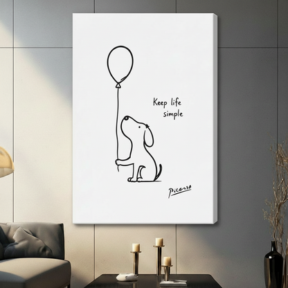 Frameless canvas wrap of Picasso sketch dog with balloon – "Keep life simple" quote – minimalist black white wall art for living room