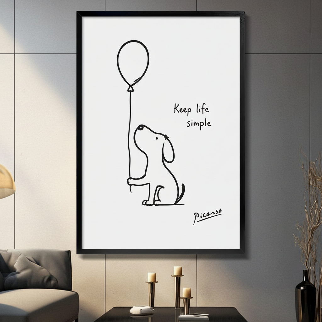Picasso line art dog holding balloon with "Keep life simple" quote – black framed wall art on dark grey wall – minimalist living room décor