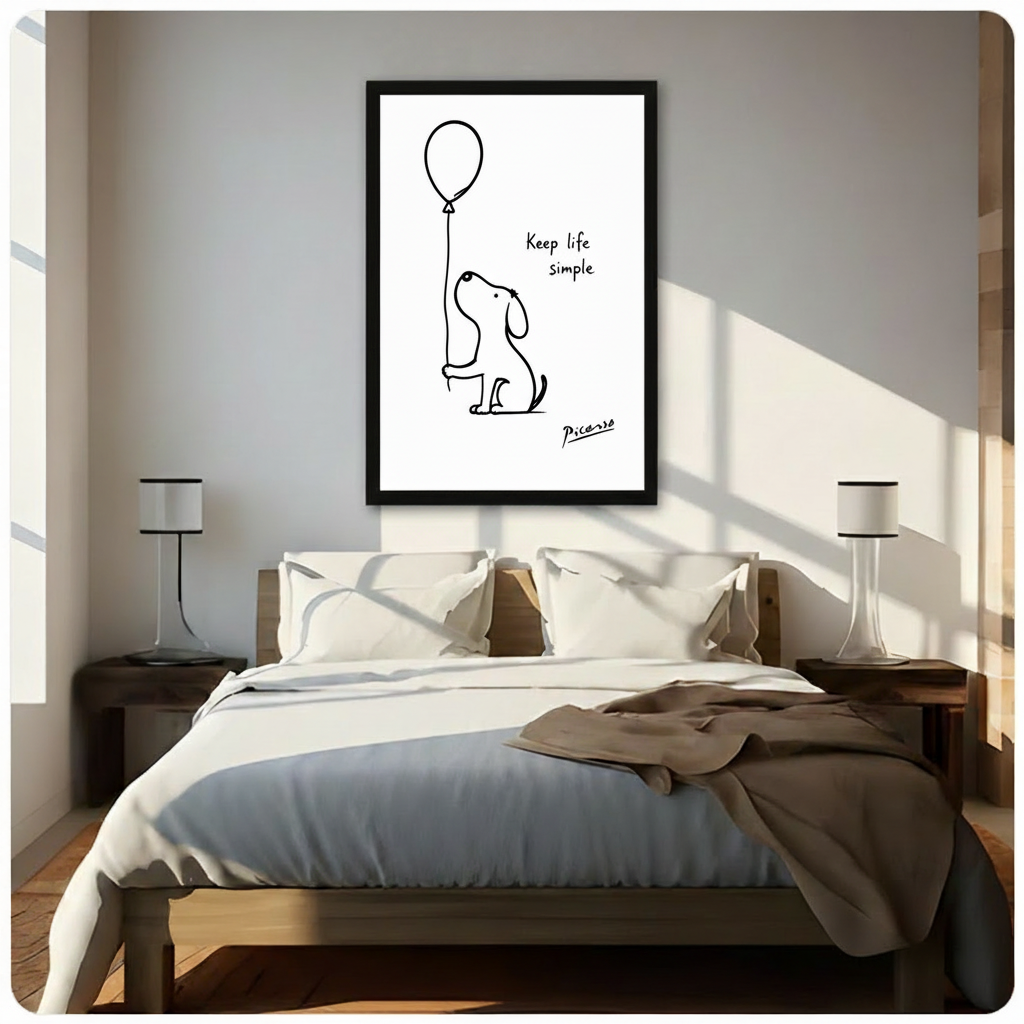 Picasso sketch dog with balloon framed print above bed in sunlit minimalist bedroom – black white inspirational wall art