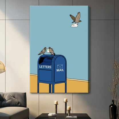 Frameless canvas wrap of pigeons on blue letters mailbox with flying bird carrying envelope, quirky bird wall art on grey living room wall
