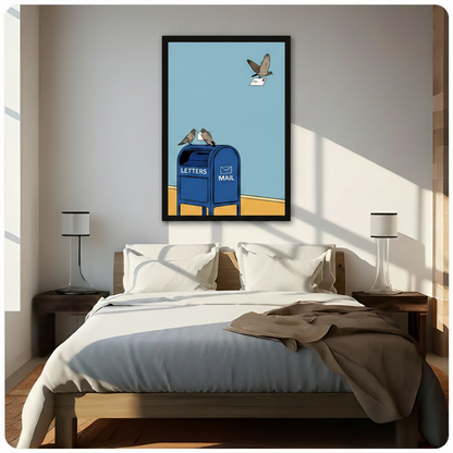 Black framed pigeon and blue mailbox wall art hung above bed in sunlit neutral bedroom, playful bird carrying envelope print as charming bedroom decor