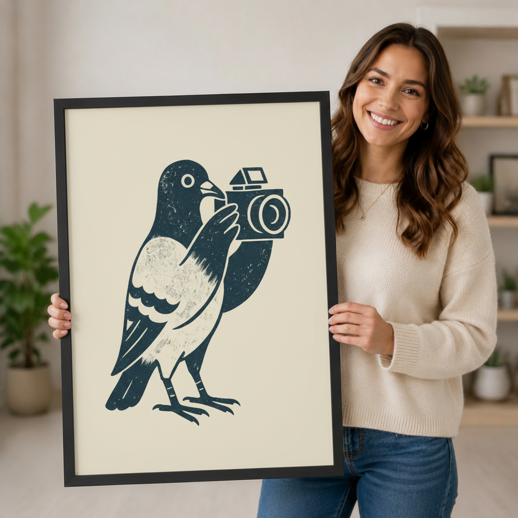 Smiling woman holding a large black-framed navy linocut pigeon with retro camera wall art print showing artwork size and bold graphic detail on cream background