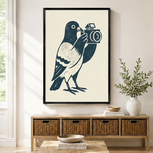 Framed navy blue linocut-style pigeon holding a vintage camera on cream background wall art displayed above a wicker storage console in a bright modern entryway