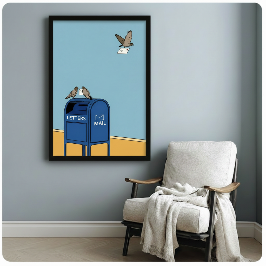 Framed pigeon carrying letter wall art print on blue-grey wall beside linen armchair, funny bird and mailbox illustration for living room or office decor