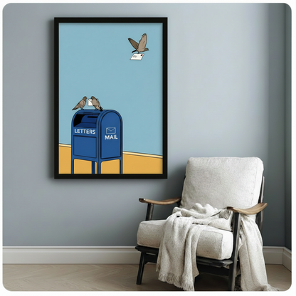 Framed pigeon carrying letter wall art print on blue-grey wall beside linen armchair, funny bird and mailbox illustration for living room or office decor