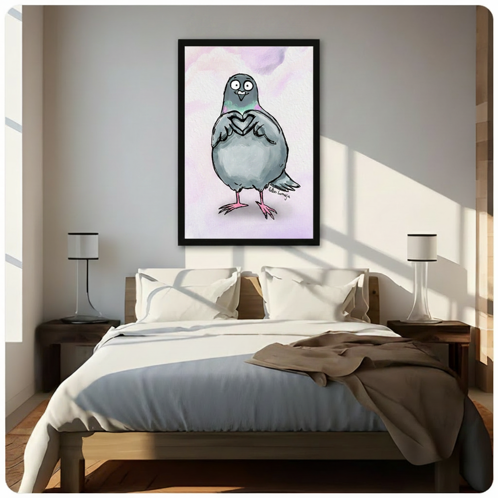 watercolor art print in black frame mounted above bed in bright minimalist bedroom