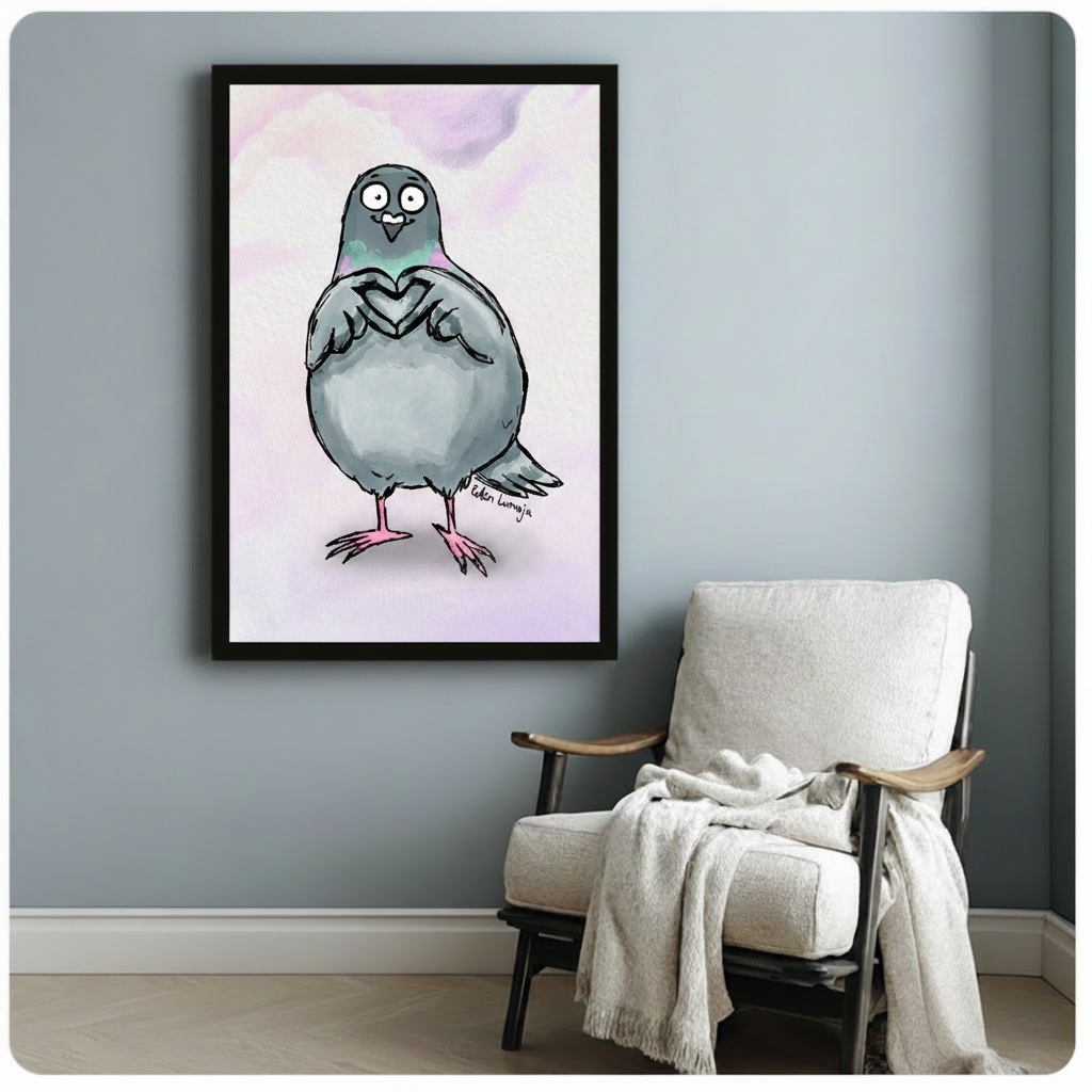 Whimsical pigeon illustration framed poster hanging on blue-grey wall above linen armchair