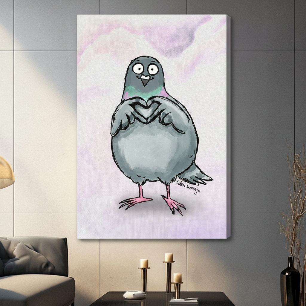 Cute cartoon pigeon making heart shape with wings, gallery wrapped canvas art in contemporary living space
