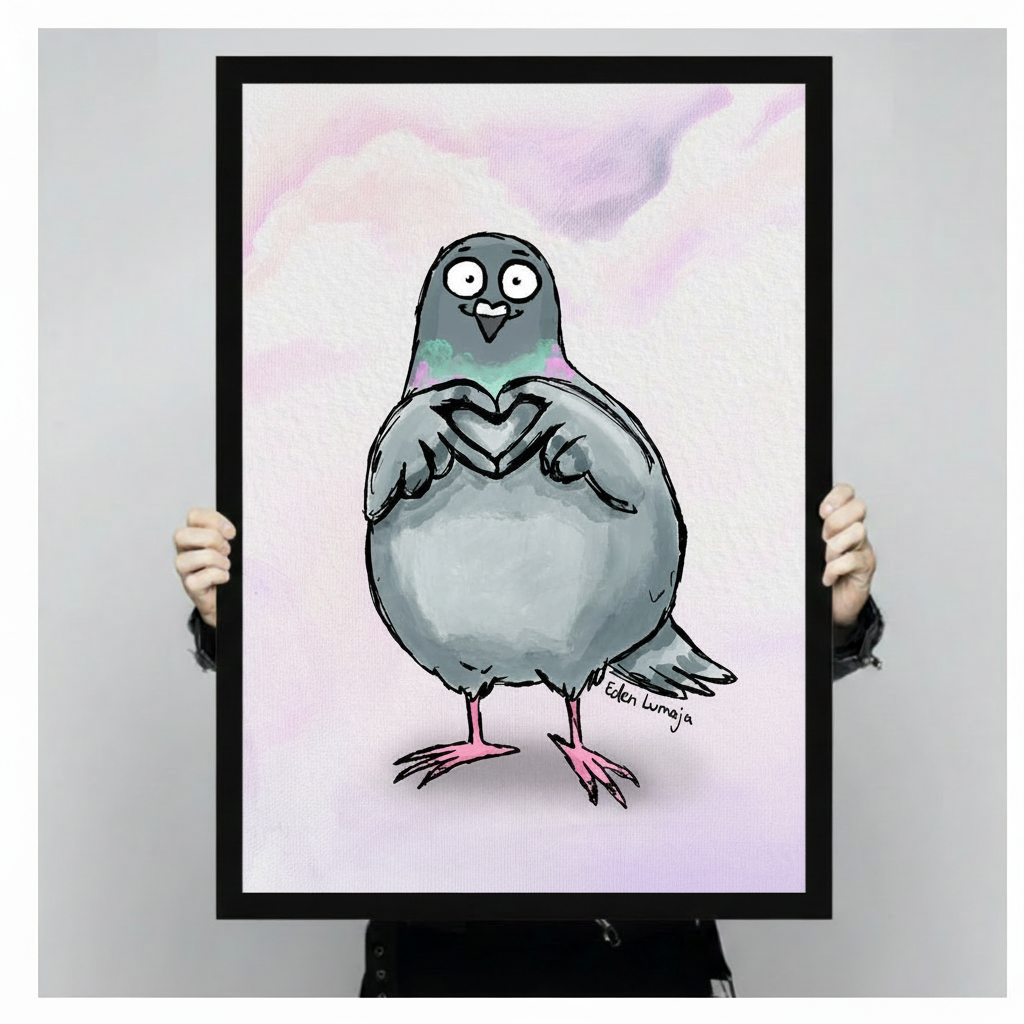Person holding large framed pigeon wall art print showing size reference, cartoon bird with heart wing gesture