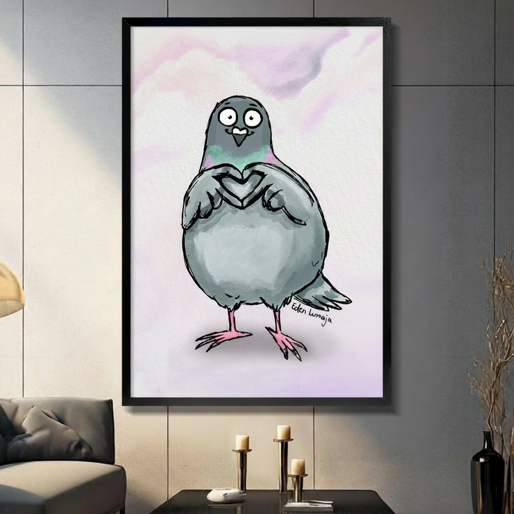 Funny pigeon wall art framed print displayed in modern living room with candlelight ambiance