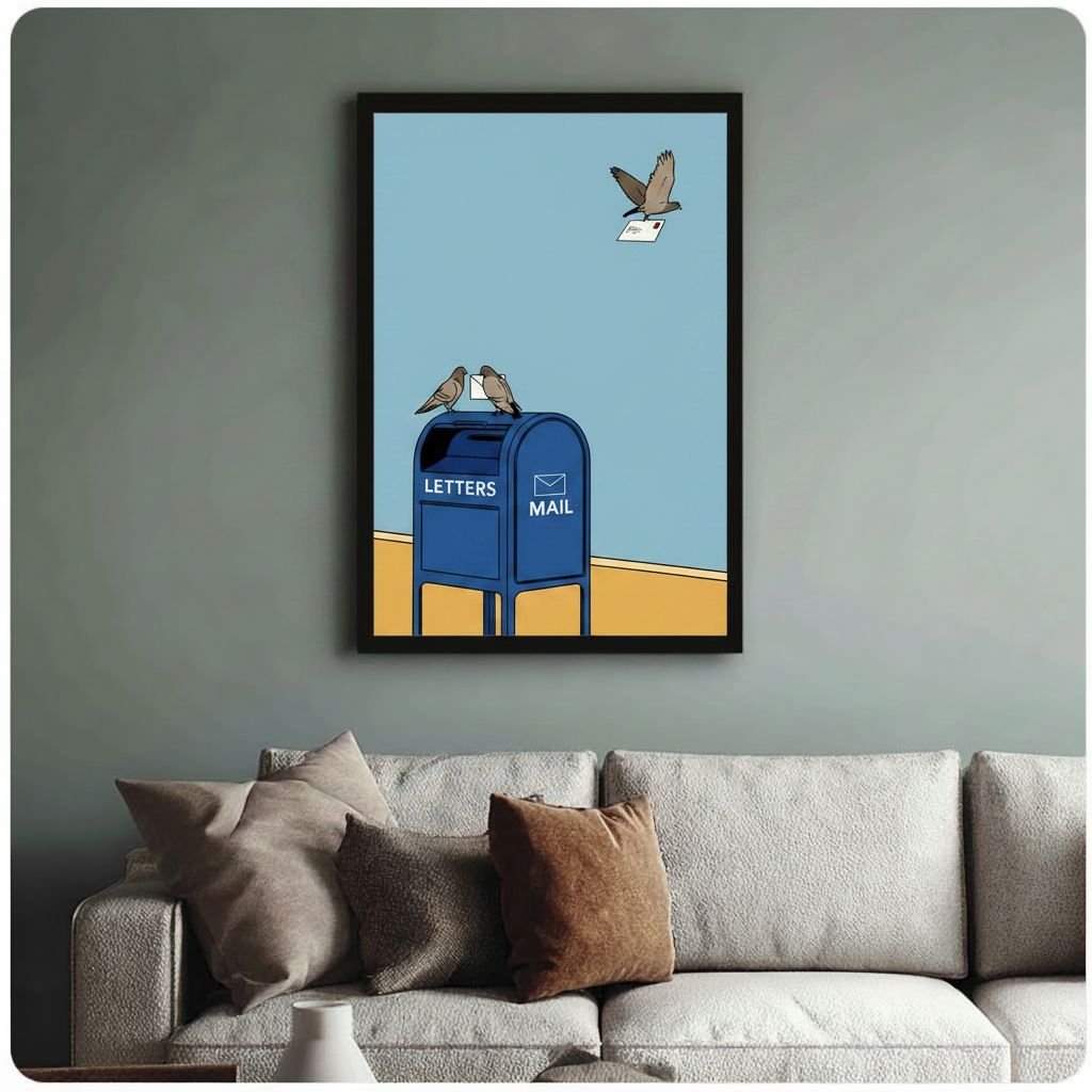Black framed pigeon and mailbox wall art above neutral sofa on sage green wall, humorous bird illustration with blue and yellow color palette