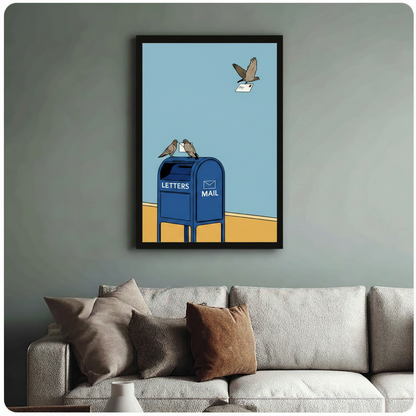 Black framed pigeon and mailbox wall art above neutral sofa on sage green wall, humorous bird illustration with blue and yellow color palette