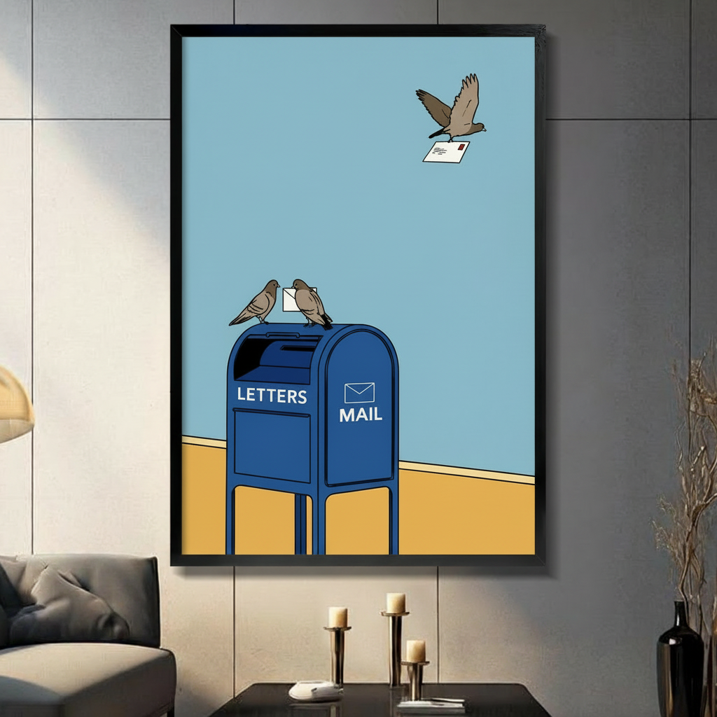 Funny pigeon and blue mailbox wall art in black frame, hung on dark grey wall above candle holders, bird carrying letter illustration with sky blue background