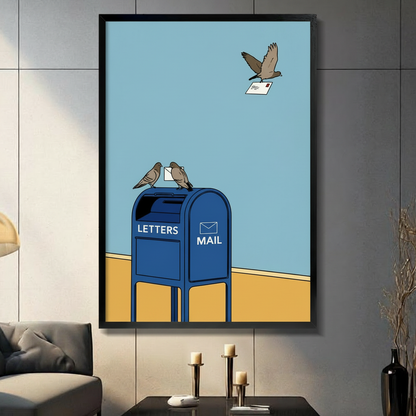 Funny pigeon and blue mailbox wall art in black frame, hung on dark grey wall above candle holders, bird carrying letter illustration with sky blue background