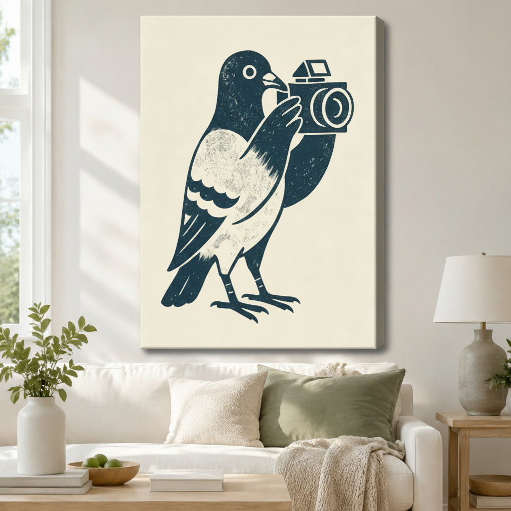 Gallery-wrapped canvas of a bold navy linocut pigeon clutching a retro camera on cream background hung above a white sofa in a cozy Scandinavian living room
