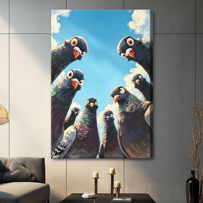 Anime cartoon illustration of eight pigeons with varied dark gray spotted and brown plumage arranged in a semicircle looking down from an extreme low angle with iridescent neck feathers orange beaks and round yellow-rimmed eyes against a vivid blue sky with white clouds playful pigeon wall art stretched canvas in a living room with dark gray panel wall dark sofa and black vase