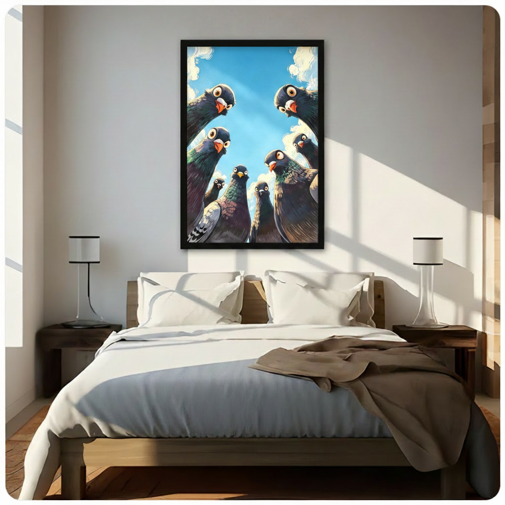 Anime cartoon illustration of eight curious pigeons gathered in a worm's-eye view semicircle looking down at the viewer with distinctive dark gray green-glossed and brown-speckled feathers vivid orange beaks and wide yellow-ringed eyes framed by a bright blue sky and white clouds humorous pigeon wall art framed print above a bedroom with white linen bedding dark wood bed frame and white table lamps