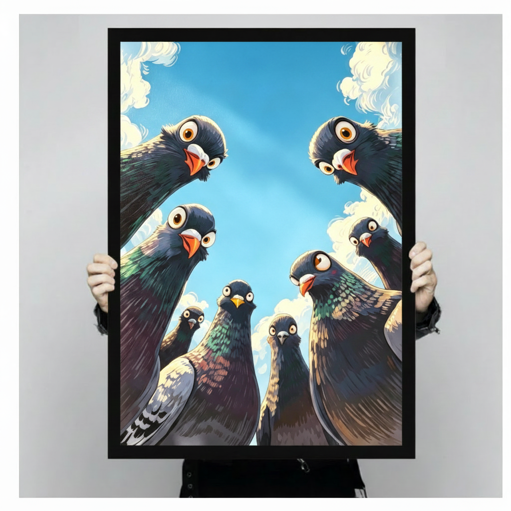 Anime cartoon illustration of eight pigeons in a dramatic worm's-eye view semicircle peering down at the viewer featuring dark blue-gray plumage with iridescent green and purple neck feathers orange-red beaks and round yellow eyes with white rings set against a bright blue sky with fluffy white clouds funny pigeon wall art framed print held against a light gray background