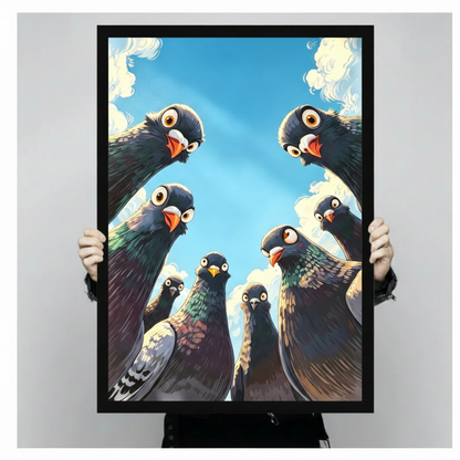Anime cartoon illustration of eight pigeons in a dramatic worm's-eye view semicircle peering down at the viewer featuring dark blue-gray plumage with iridescent green and purple neck feathers orange-red beaks and round yellow eyes with white rings set against a bright blue sky with fluffy white clouds funny pigeon wall art framed print held against a light gray background