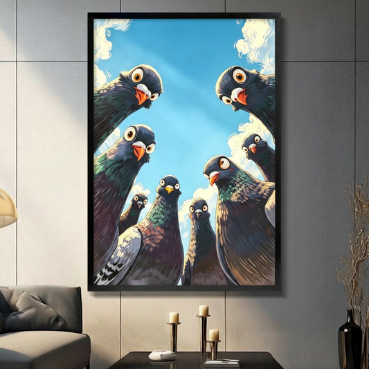 Anime cartoon illustration of eight pigeons with blue-gray iridescent and speckled plumage crowding into a low-angle semicircle formation peering downward with round expressive yellow eyes orange-red beaks and green-purple neck shimmer against a clear blue sky with soft white clouds bold pigeon wall art framed print in a living room with dark gray panel wall dark sofa and black vase