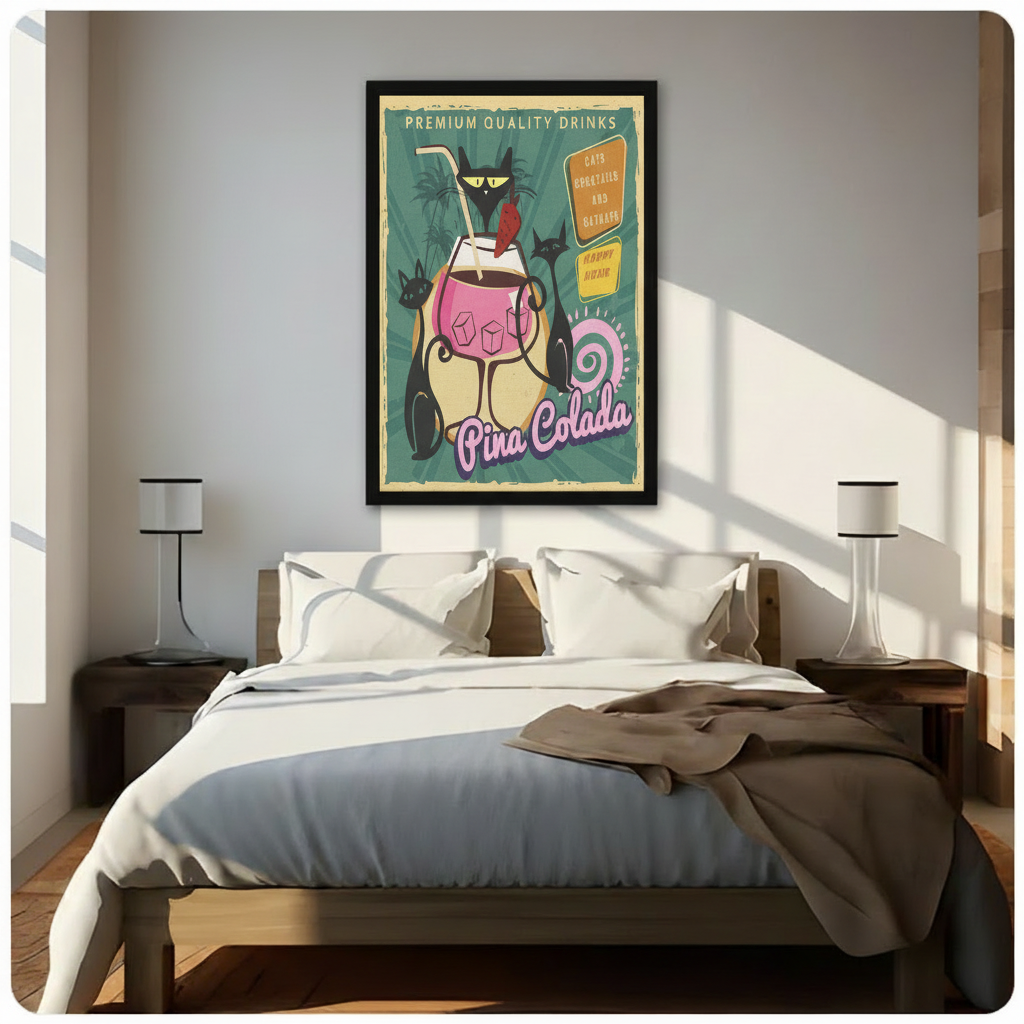 Vintage retro Pina Colada cat poster framed wall art hung above a bed in a bright Scandinavian-style bedroom, featuring black cats and a tropical cocktail on a teal background