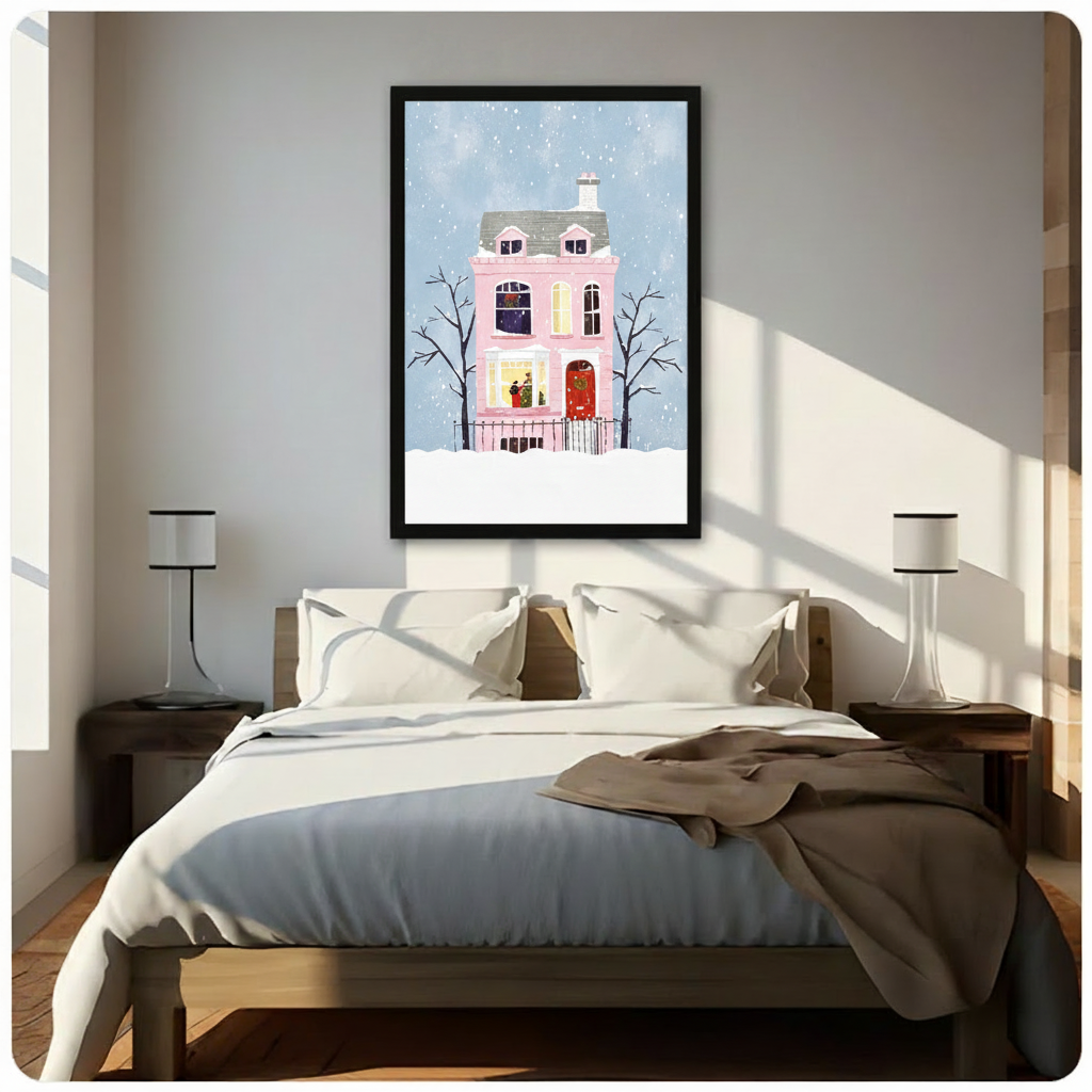 Whimsical flat illustration of a pink Victorian house with a red door and wreath surrounded by bare trees in falling snow Christmas wall art framed print above bedroom with white bedding and dark wood bedside tables