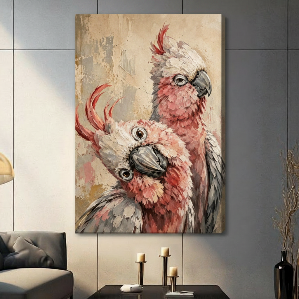 Romantic expressive oil painting of two galah cockatoos with rich pink and white feather detail one looking down with a sleek white crest and the other staring forward with a splayed red crest and slightly open beak painted in thick impasto layers on a distressed warm gold and cream abstract background elegant pink parrot wall art stretched canvas in a living room with dark gray panel wall dark sofa candle holders and black vase