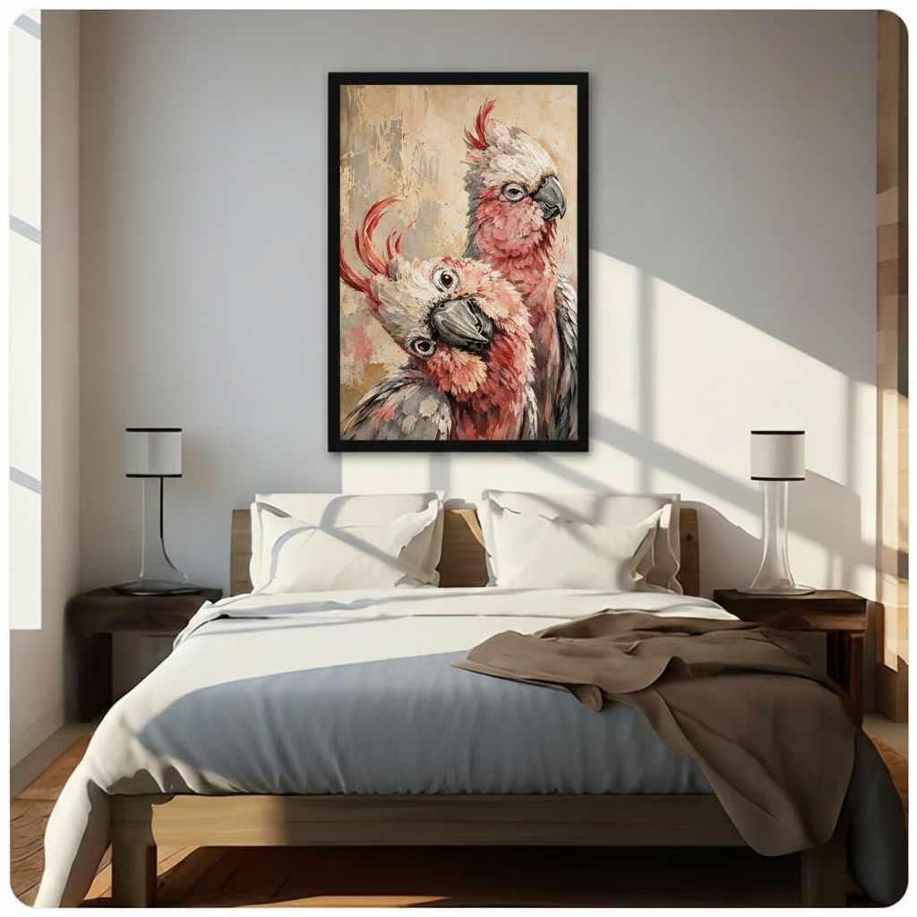 Intimate impasto oil painting of two pink cockatoos nestled close together one perched higher with a white crest and gentle downward gaze and one below with a vivid fanned red crest and wide curious eyes surrounded by detailed pink gray and white feather layers on a warm distressed cream and gold textured background romantic bird art framed print above a bedroom with white linen bedding dark wood bed frame white thin-stem table lamps and dark wood nightstands