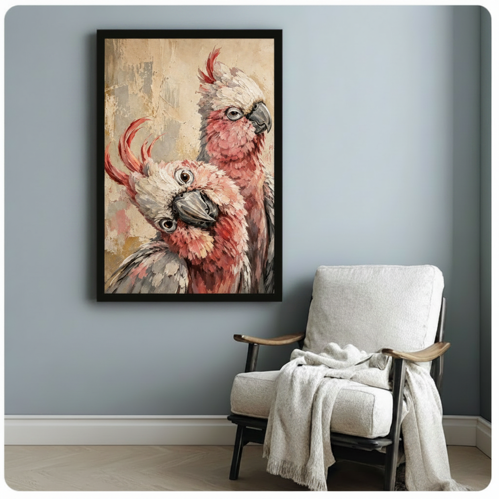 Detailed impasto oil painting of two pink cockatoos in intimate close-up the upper bird calm with a white feathered crest and soft rose-gray plumage and the lower bird alert with a fanned red crest and large expressive eyes on a vintage cream and gold textured background romantic bird portrait wall art framed print beside a white linen folding armchair with wood arms and a white throw blanket on a blue gray wall