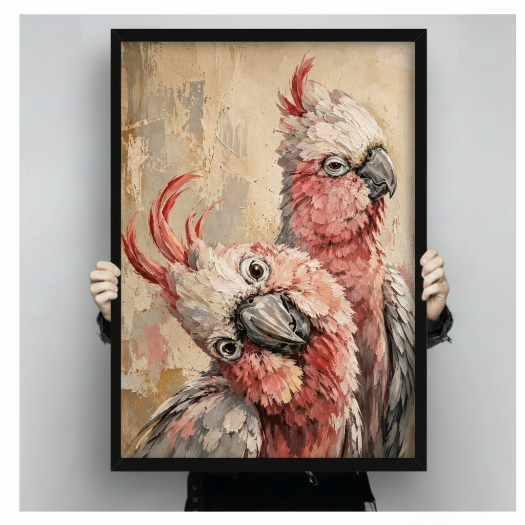 Expressive textured oil painting of two pink galah cockatoos in close portrait one with a composed white crest looking sideways and one with wide eyes and an open red crest looking directly forward with layered pink white and gray feathers on a warm antique gold cream background elegant cockatoo bird wall art framed print held against a light gray background