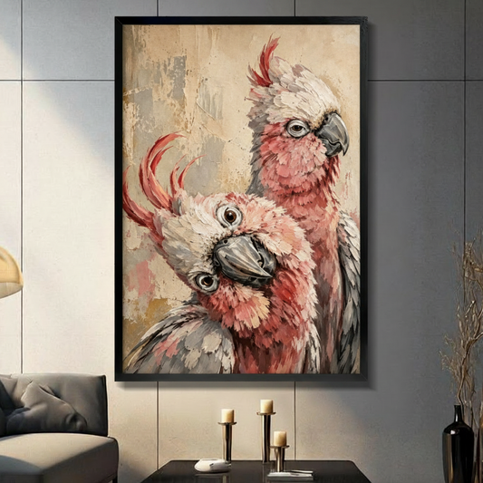 Textured impasto oil painting of two pink galah cockatoos in close-up portrait one perched above gazing downward with a white crest and soft pink-gray feathers and one below looking upward with a vivid red crest fanned open and wide round eyes on a warm cream aged background with golden brushstroke texture pink cockatoo bird wall art framed print in a living room with dark gray panel wall dark sofa candle holders and black vase