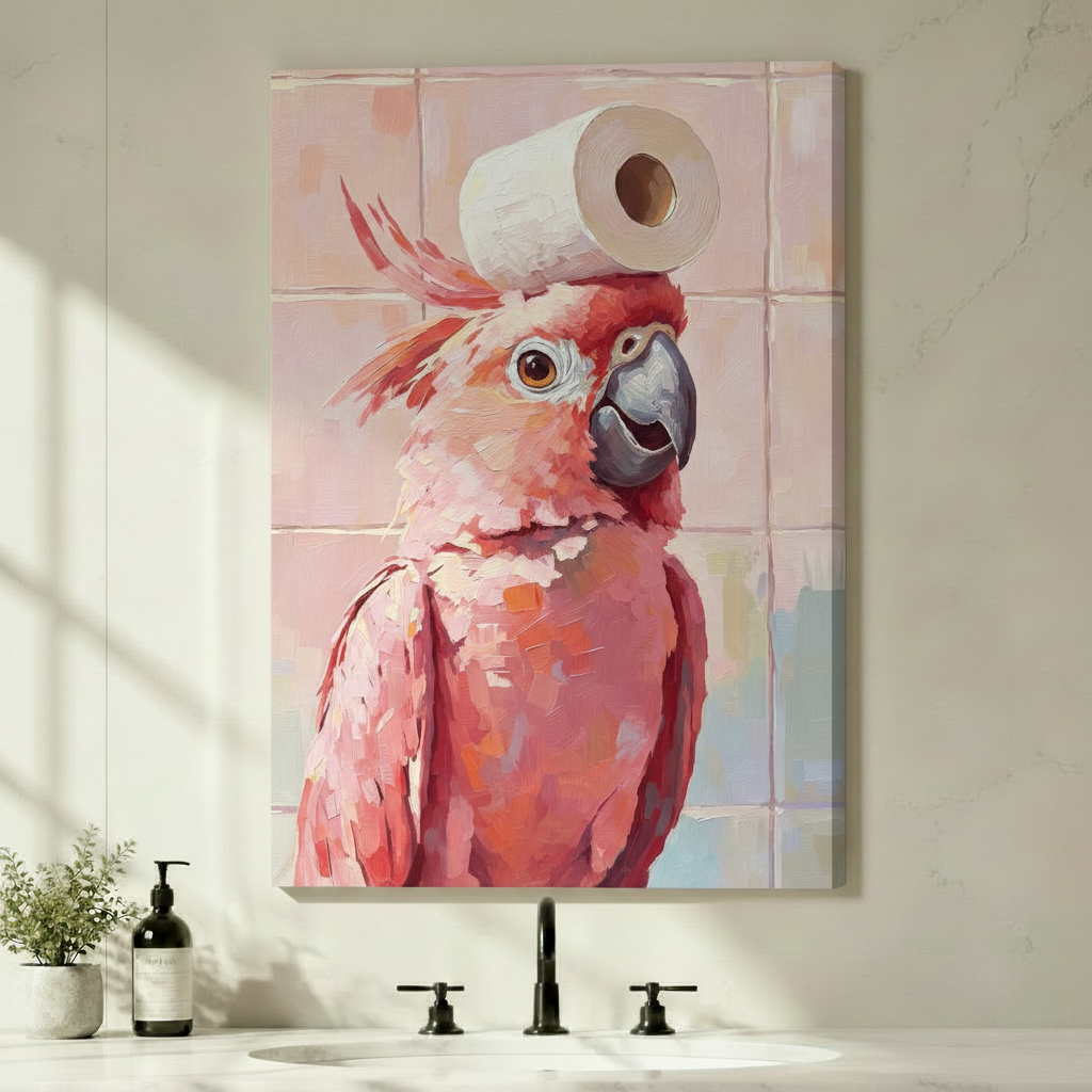 Impressionist oil painting with thick textured brushwork of a charming pink cockatoo balancing a white toilet paper roll atop its tousled crest its coral and rose-red feathers and cream chest rendered in rich palette knife strokes against a blush pink square tile bathroom wall funny bathroom bird wall art stretched canvas above a white sink with black faucet and green plants