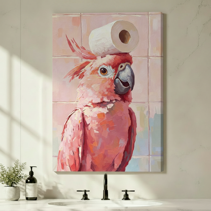 Impressionist oil painting with thick textured brushwork of a charming pink cockatoo balancing a white toilet paper roll atop its tousled crest its coral and rose-red feathers and cream chest rendered in rich palette knife strokes against a blush pink square tile bathroom wall funny bathroom bird wall art stretched canvas above a white sink with black faucet and green plants