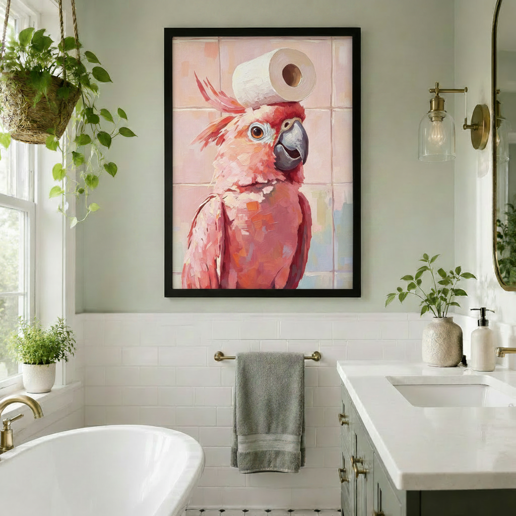 Impressionist oil painting of a pink cockatoo with vivid coral and rose plumage a soft cream chest a ruffled crest and a wide gray beak perched with a white toilet paper roll balanced on its head against a soft pink tile bathroom wall whimsical bathroom bird wall art framed print above a white bathtub with subway tiles gold hardware and hanging green plants