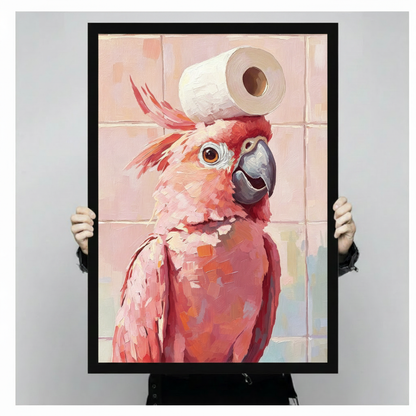 Impressionist oil painting with bold palette knife strokes of a pink cockatoo with layered coral and rose-red plumage creamy chest feathers a gray-blue hooked beak and a disheveled pink crest balancing a white toilet paper roll on its head against a soft pink bathroom tile background humorous bird wall art framed print held against a light gray background