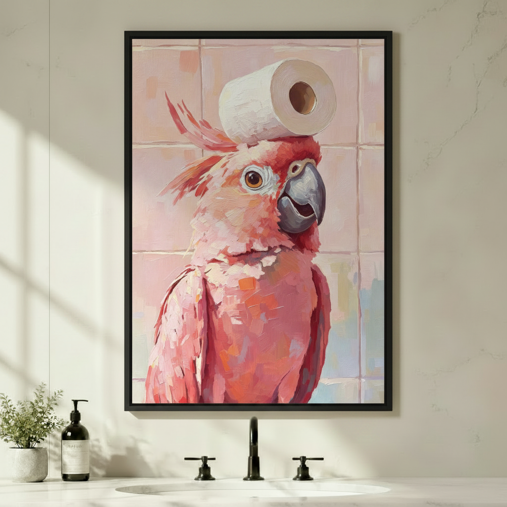 Impressionist oil painting with thick palette knife texture of a pink cockatoo in half-body portrait balancing a roll of white toilet paper on its head featuring coral and rose-toned plumage cream chest feathers a gray-blue hooked beak amber round eye and tousled crest against a soft pink grid-tile bathroom wall fun bathroom bird wall art framed print above a white sink with black faucet and green plants