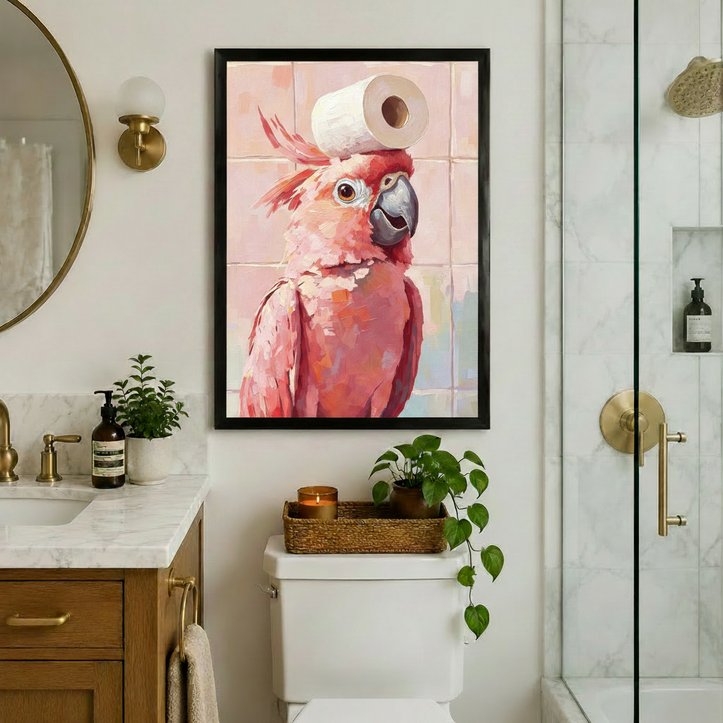 Impressionist oil painting of a fluffy pink cockatoo with coral and rose feathers a ruffled white crest and a gray curved beak balancing a toilet paper roll on its head against a soft blush pink square tile bathroom wall playful bathroom bird wall art framed print above a toilet with gold hardware round mirror and green plants