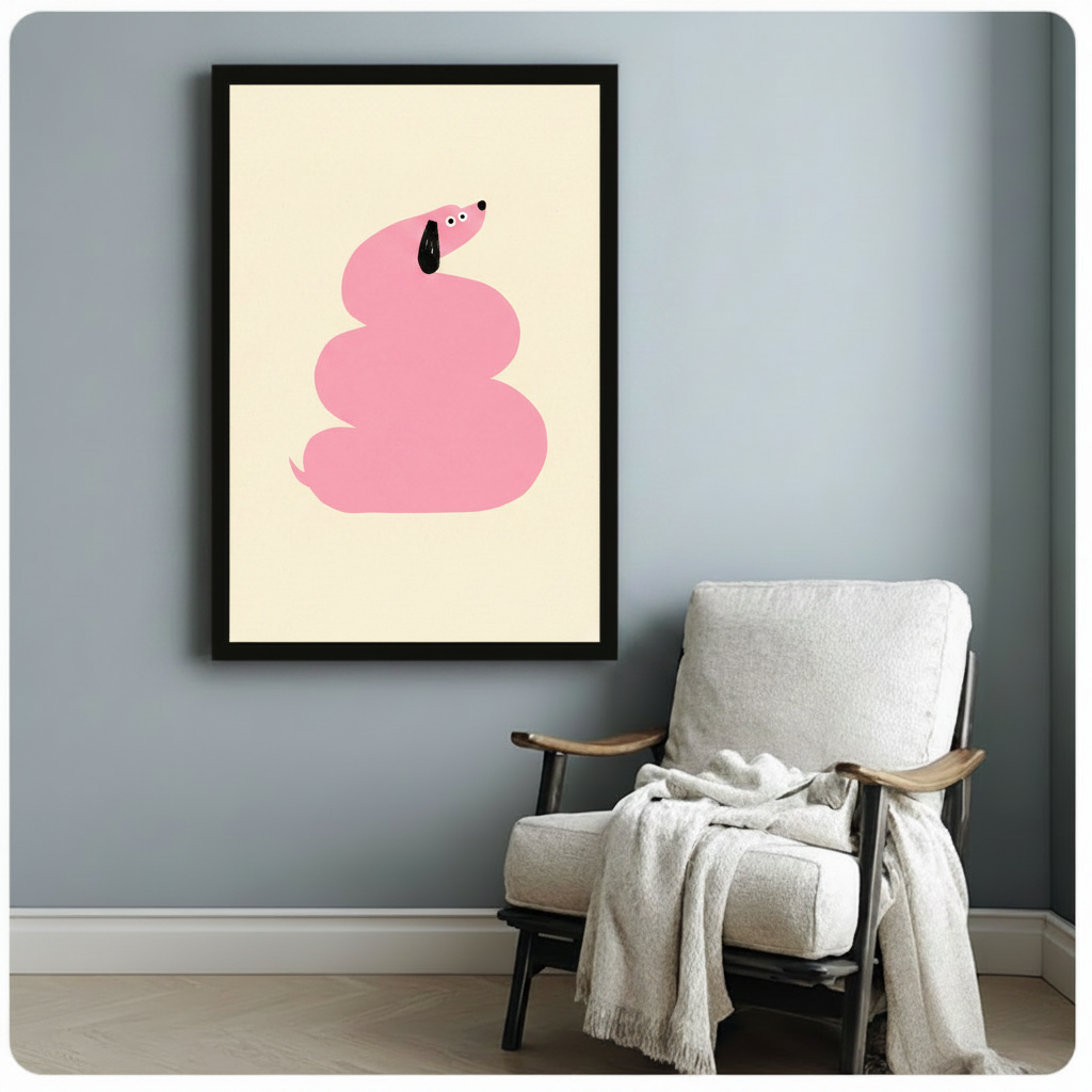 Vertical framed canvas of a playful pink dachshund coiled into a swirl shape with a black ear, hung on a blue-grey wall beside a linen accent chair with a draped throw