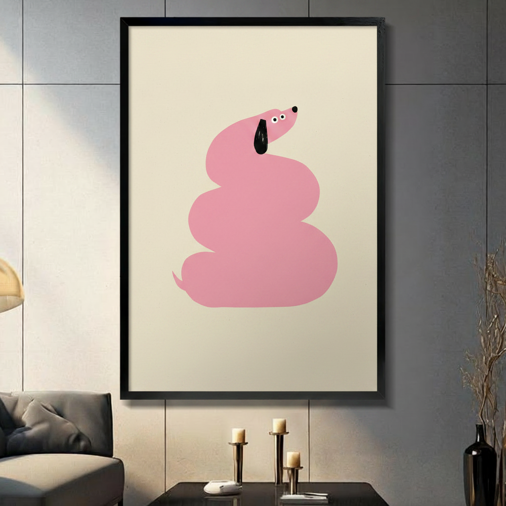 Framed canvas wall art of a minimalist pink dachshund curled into a spiral shape with a black ear on a cream background, displayed in a dark modern living room